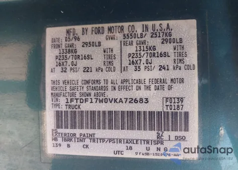 1997 Ford F-150 Lariat/Standard/Xl/Xlt из США, поврежденный, VIN 1FTDF17W0VKA72683